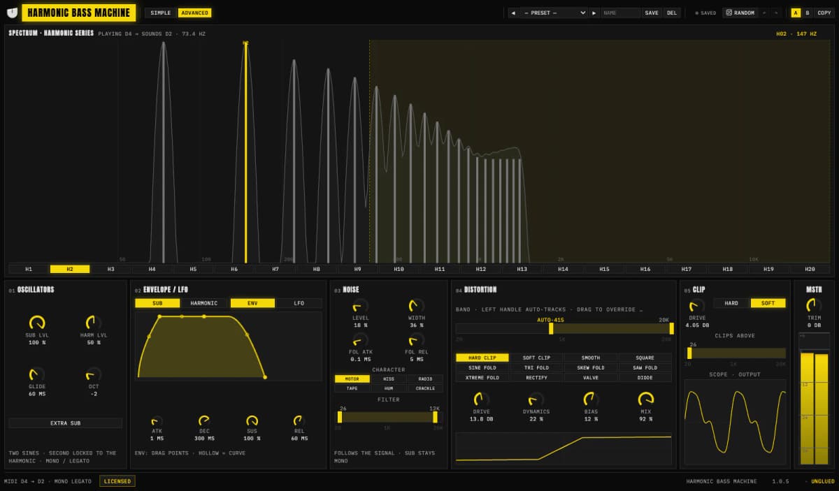 The Advanced view: the full signal chain and the live spectrum analyser